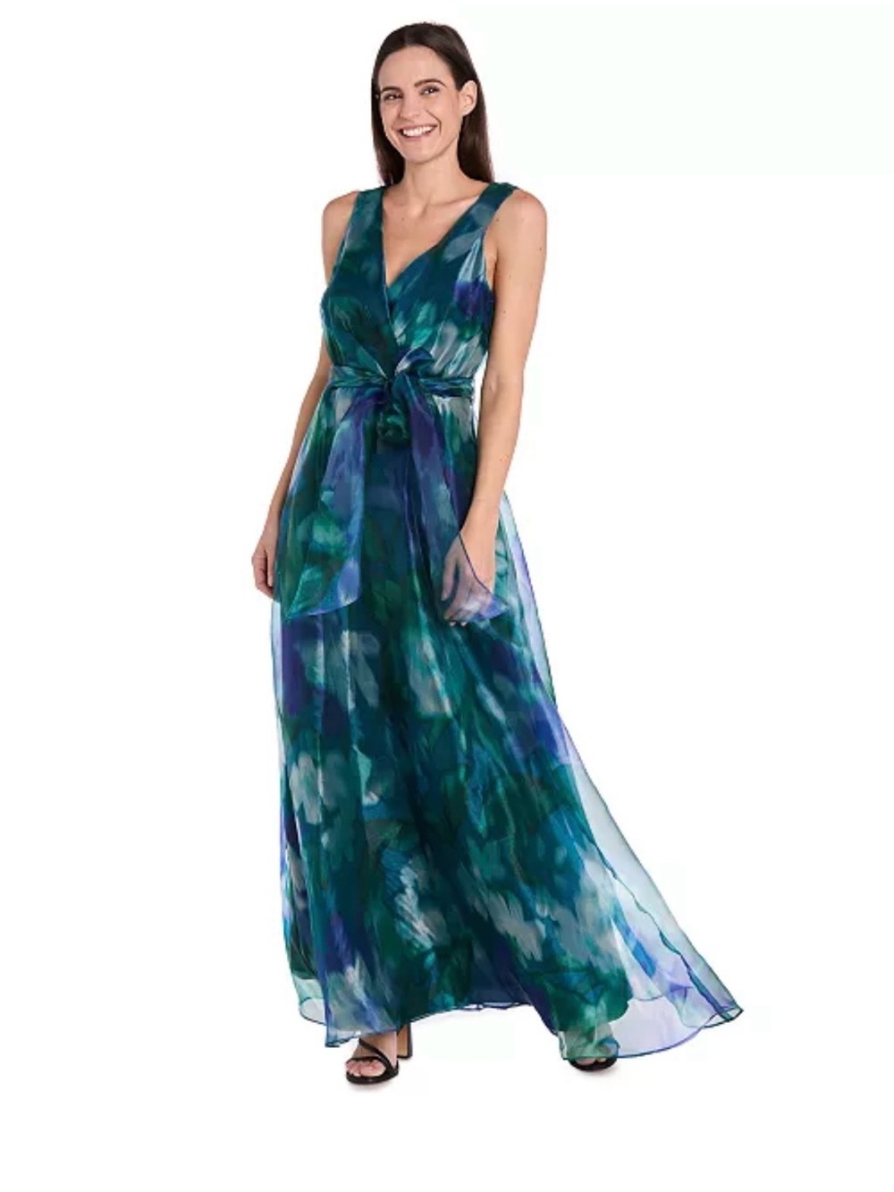 R&M Richards Blue Teal Green Watercolor Maxi Dress with Tie-Waist